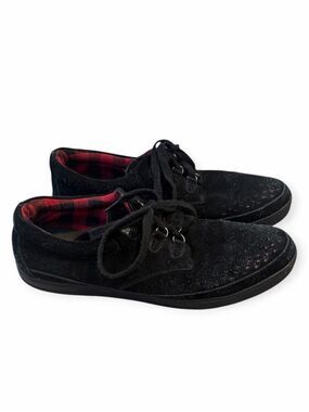 T.U.K. Black Suede Skull Sole Sneakers Buffalo Plaid Lace-Up Shoes Size10